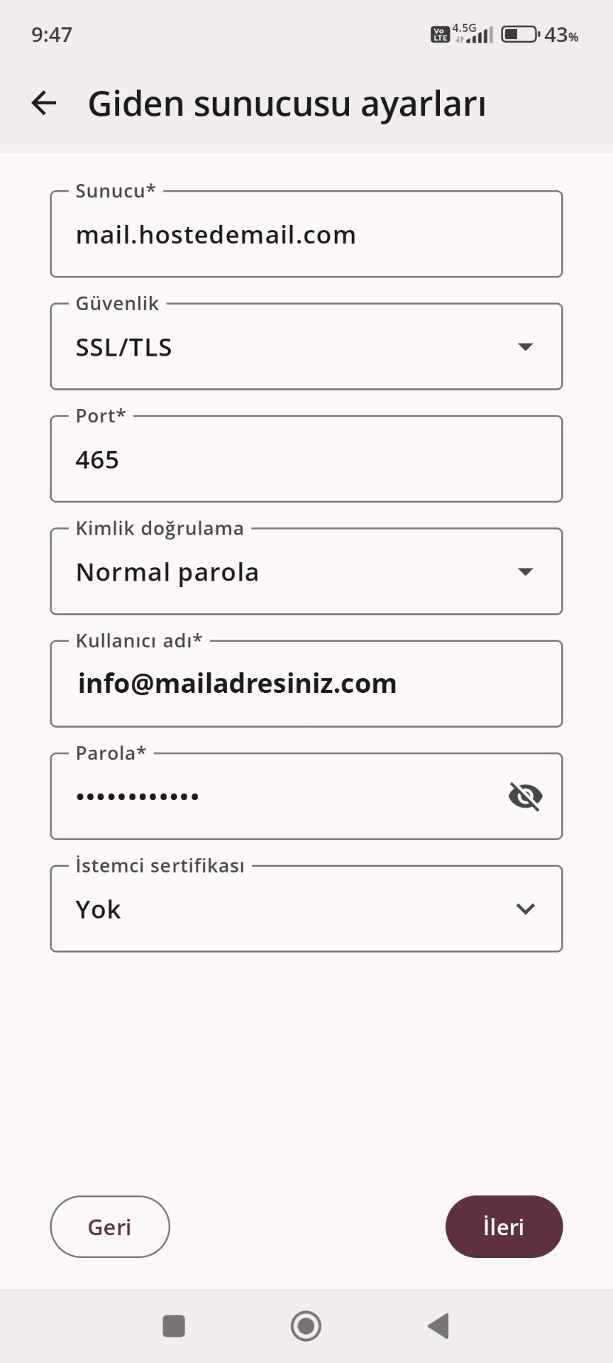 Giden sunucu ayarları