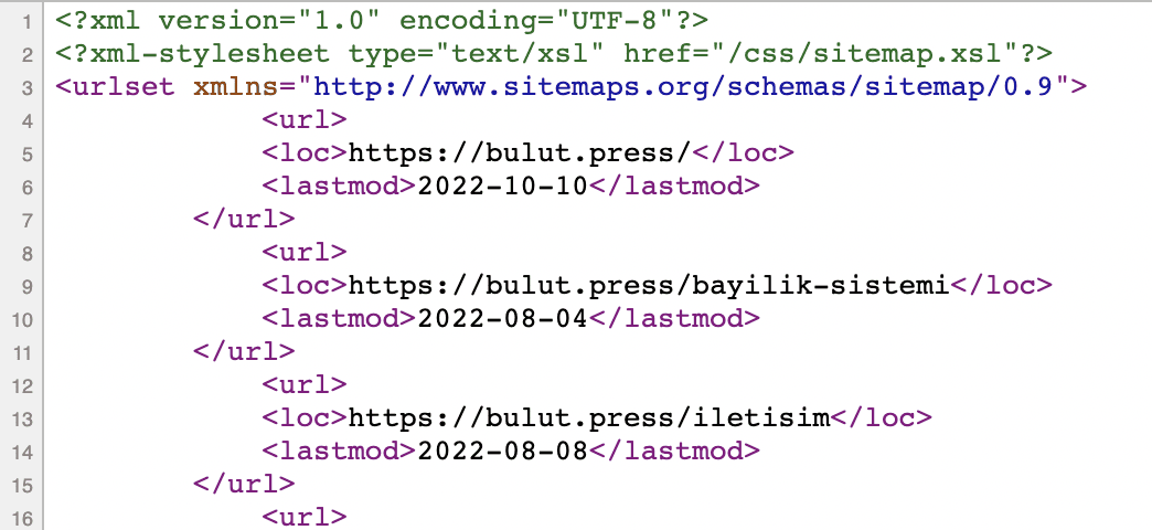 xml sitemap dosyası nasıl görünür