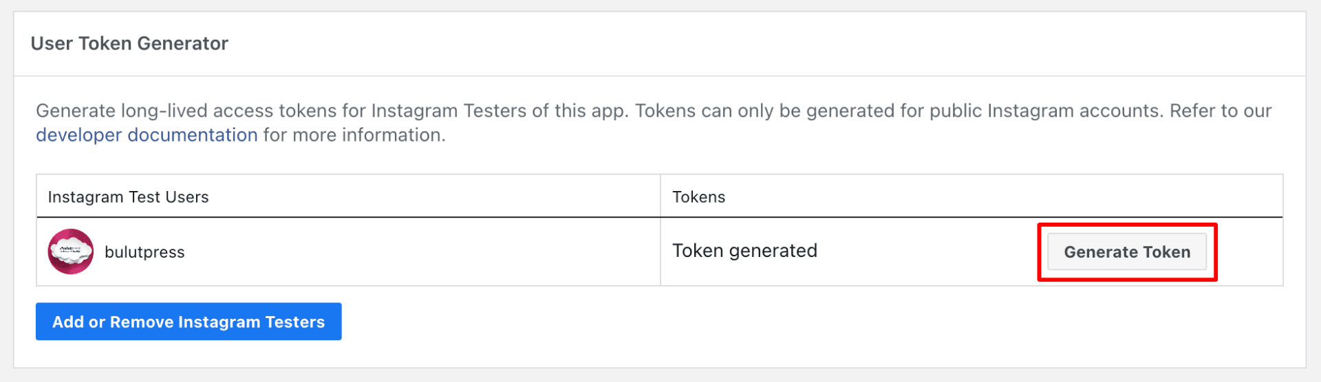 generate token düğmesine basın
