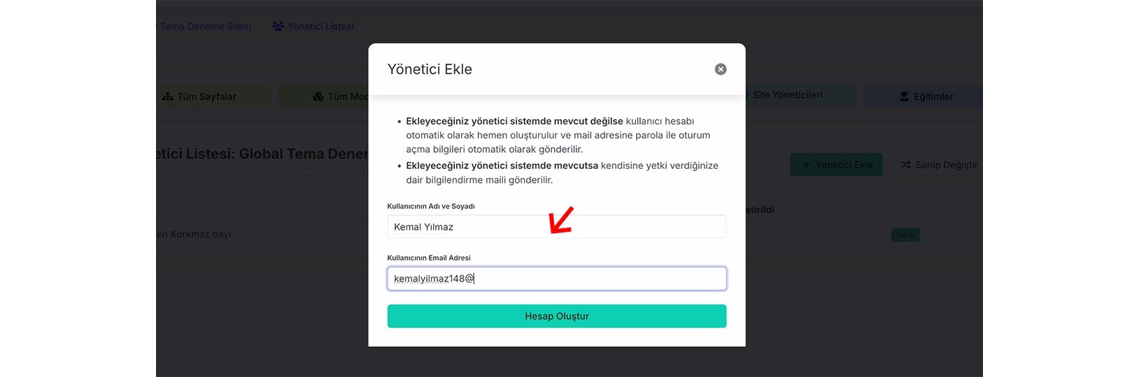 Kullanıcının Adını, Soyadı ve E-mail adresini yazın. Ardından Hesap Oluştur butonuna tıklayın
