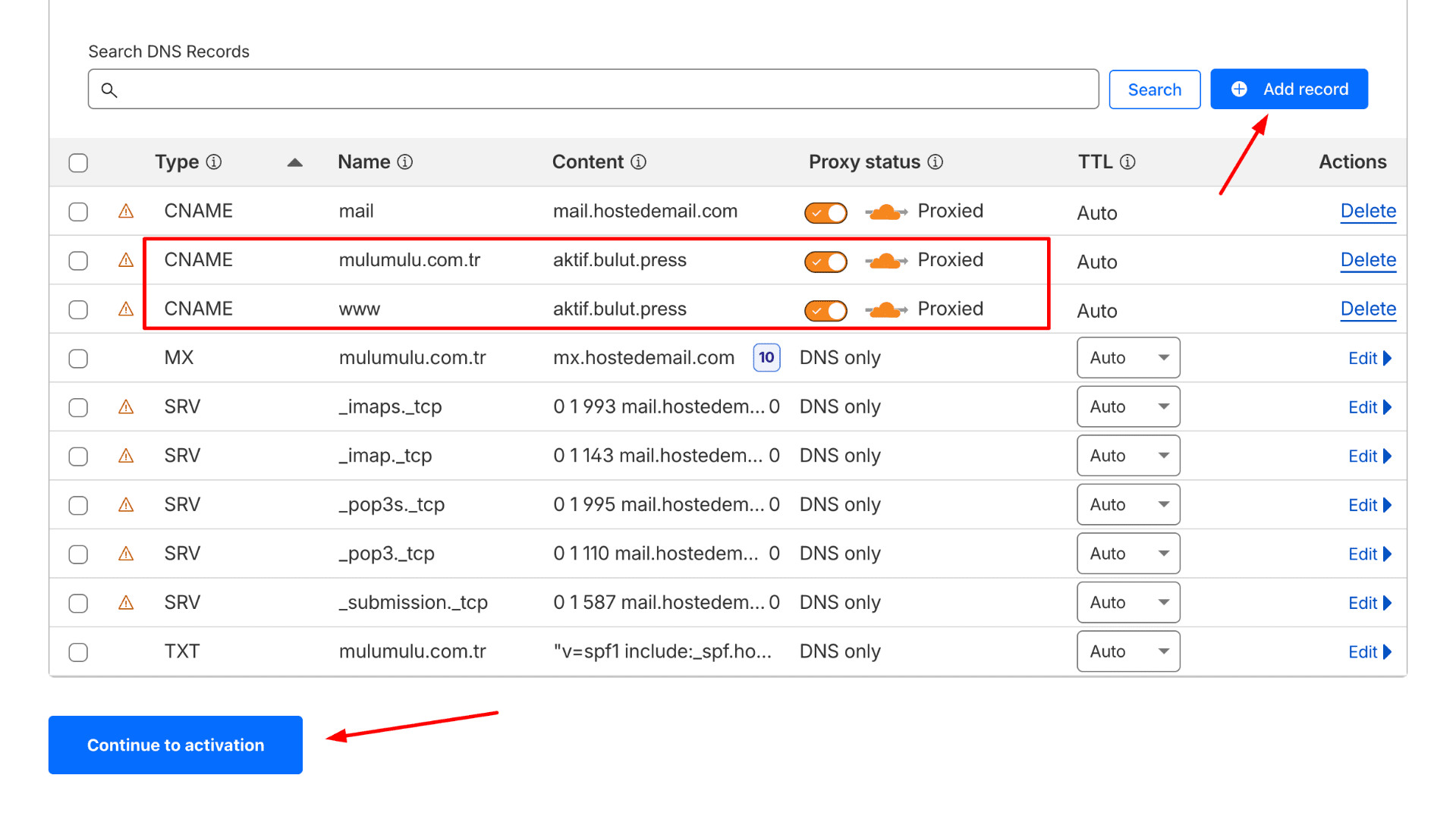 Dns Kısmına Aktif.bulut.press Kayıtlarını Ekleyin