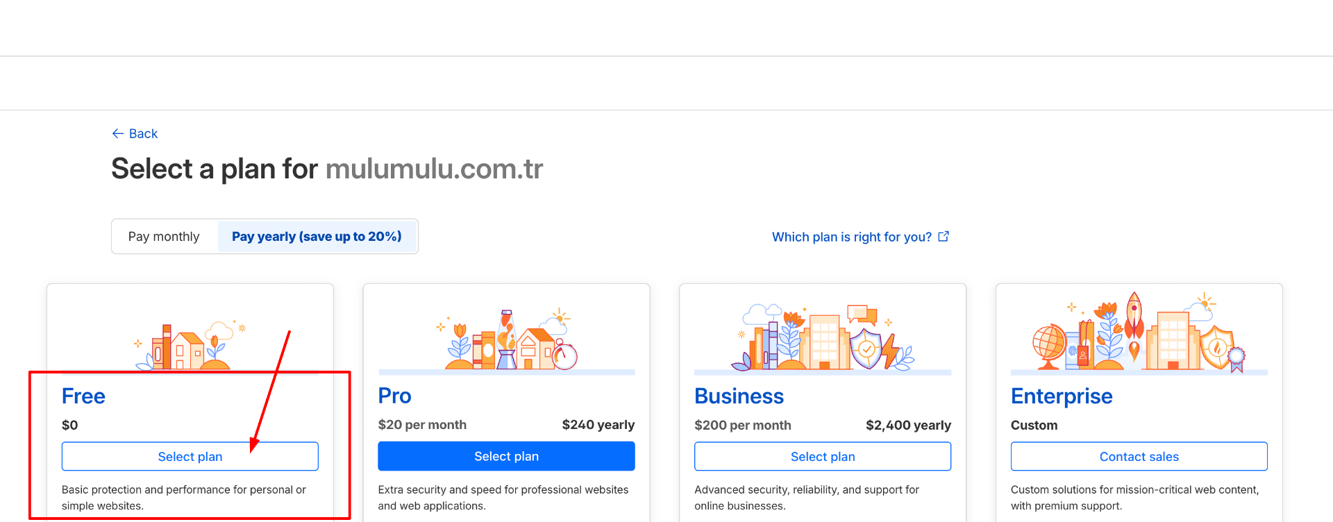Select Plan Sayfasında Free Seçin