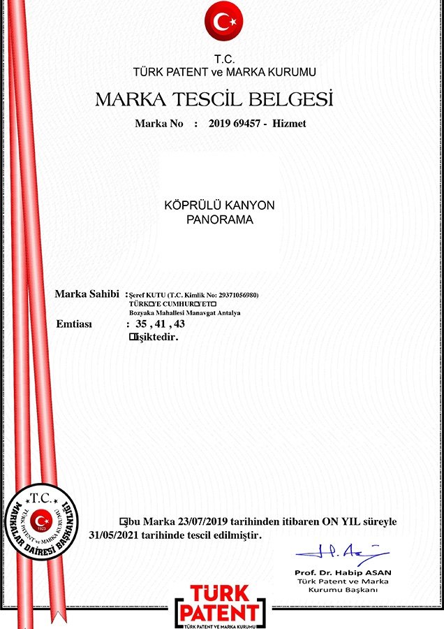 Köprülü Kanyon Panorama Marka Tescil Belgesi