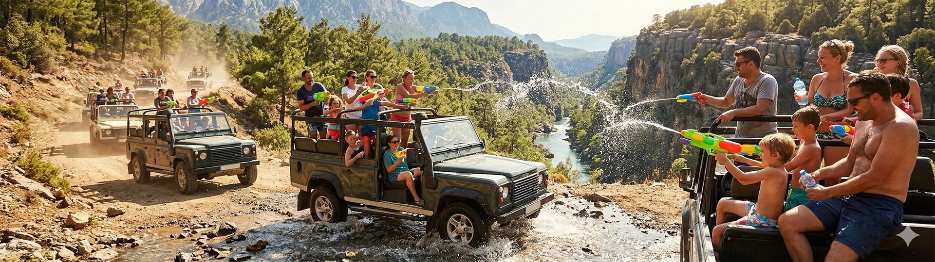 Köprülü Kanyon’da 4x4 araçlarla su savaşı yapan macera dolu Jeep Safari konvoyu.