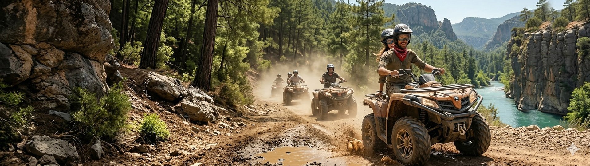 Köprülü Kanyon orman yollarında Quad (ATV) safari yapan adrenalin tutkunu bir grup.