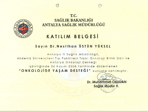Onkolojide Yaşam Desteği Katılım Sertifikası