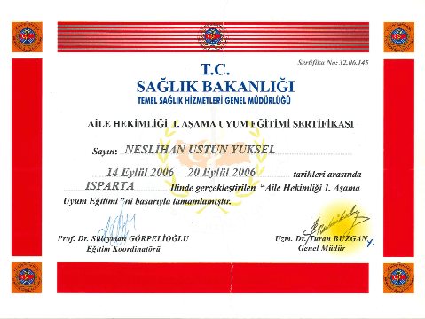 Aile Hekımliği 1.Aşama Uyum Eğitimi Sertifikası