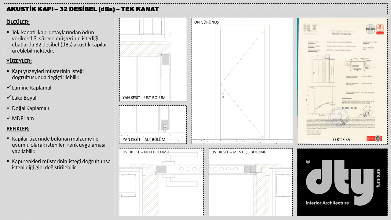 1 - Akusti̇k Kapi – 32 Desi̇bel (Dbs) – Tek Kanat