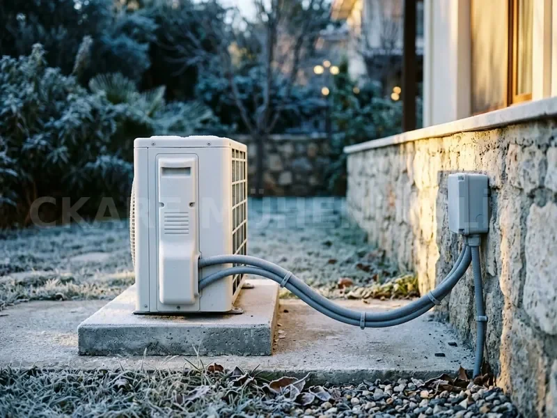 Kırağı tutmuş bahçede beton kaide üzerindeki ısı pompası dış ünitesi ve duvardaki şalter kutusuna giden elektrik hattı