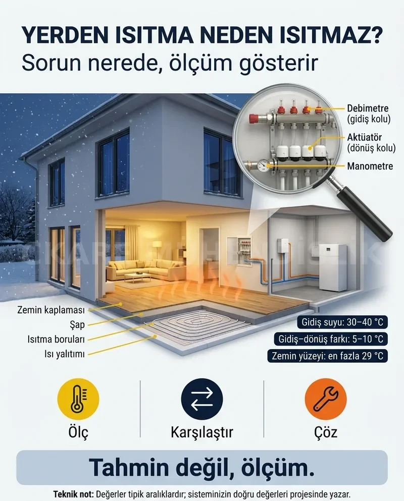 Yerden ısıtma neden ısıtmaz: villa kesitinde zemin katmanları, kollektördeki debimetre, aktüatör ve manometre ile tipik ölçüm değerleri
