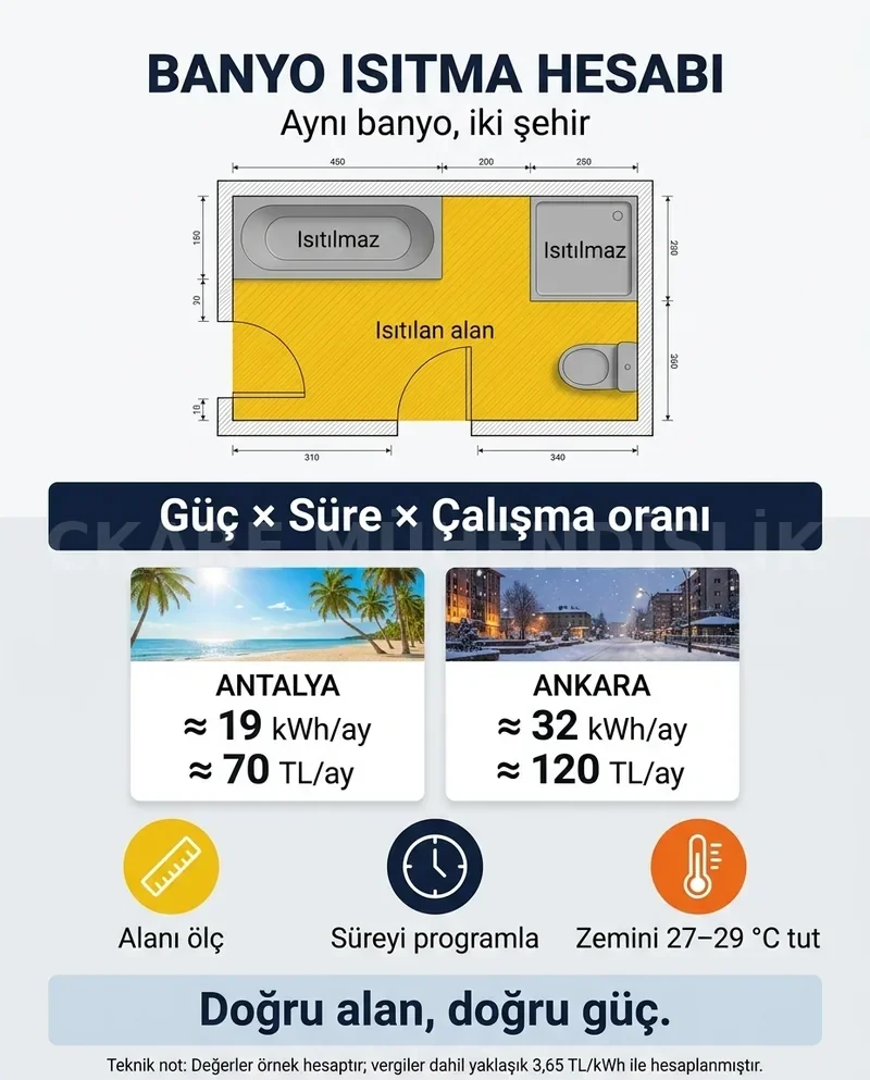 6 m² banyoda elektrikli yerden ısıtma hesabı: ısıtılan alan planı ve Antalya ile Ankara için aylık tüketim ve maliyet