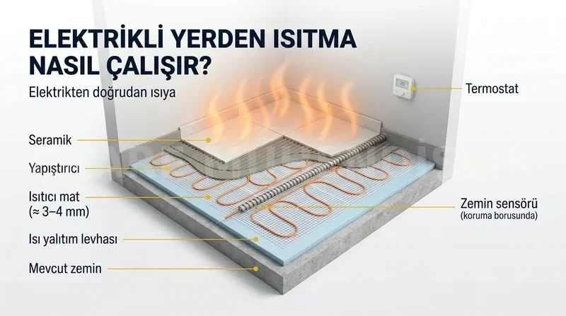 Elektrikli yerden ısıtma nasıl çalışır: seramik, yapıştırıcı, ısıtıcı mat, ısı yalıtım levhası, zemin sensörü ve termostat katman kesiti