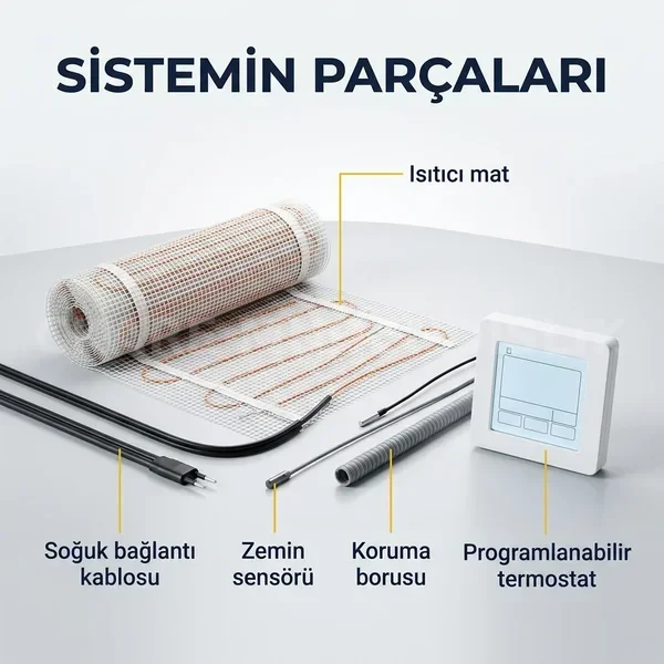 Elektrikli yerden ısıtma sisteminin parçaları: ısıtıcı mat, soğuk bağlantı kablosu, zemin sensörü, koruma borusu ve programlanabilir termostat