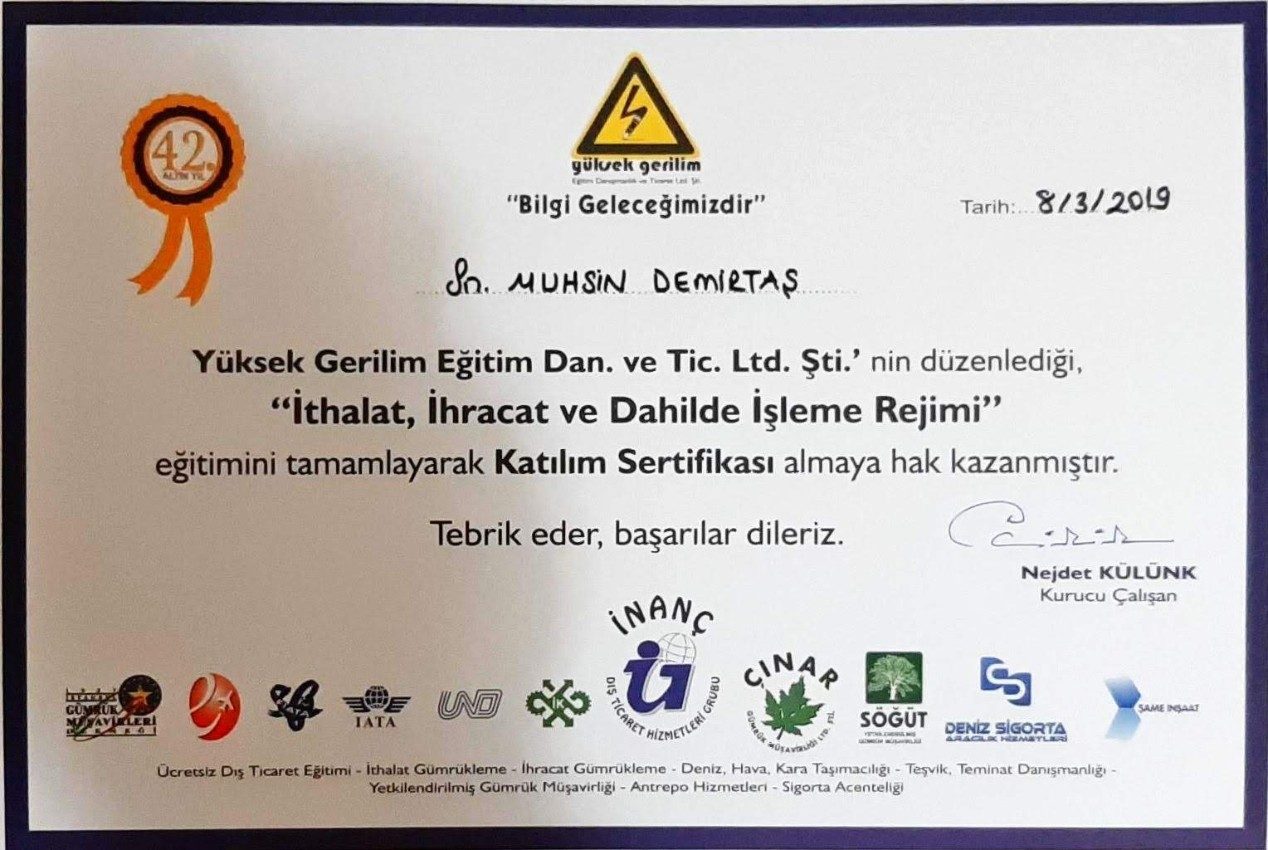 İthalat, İhracat ve Dahilde İşleme Rejimi Eğitim Belgesi