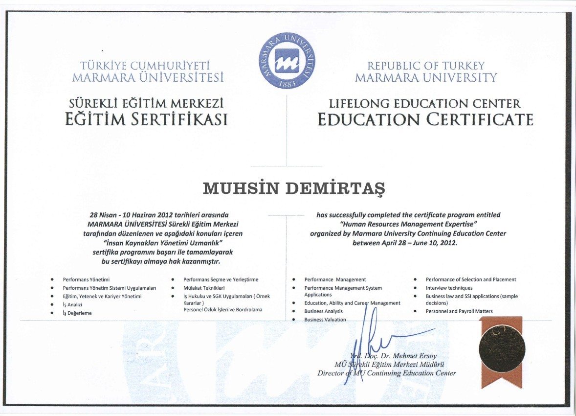 Marmara Üniversitesi Sertifikası