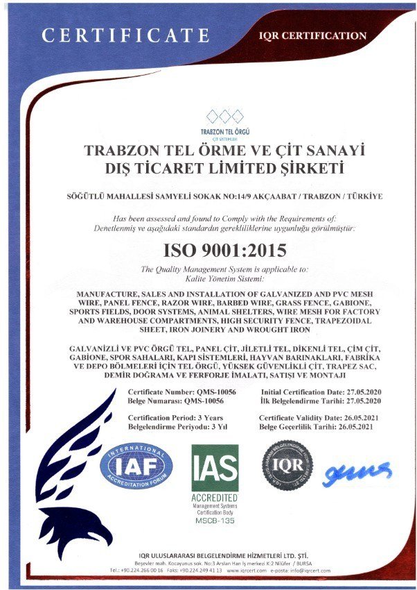 ISO 9001:2015 Kalite Yönetim Sistemi Belgesi (ek görsel)