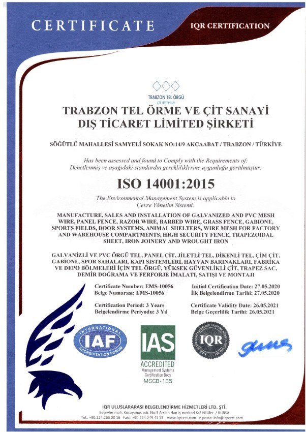 ISO 14001:2015 Çevre Yönetim Sistemi Belgesi (ek görsel)