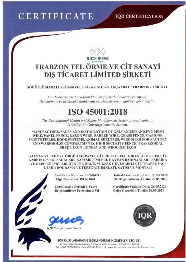 ISO 45001:2018 İş Sağlığı ve Güvenliği Yönetim Sistemi Belgesi (ek görsel)
