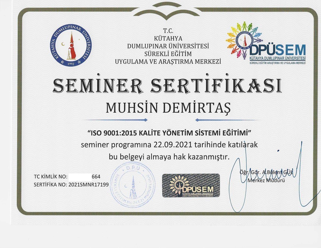 ISO 9001 Eğitim Sertifikası