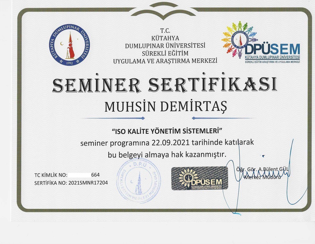 ISO Kalite Yönetim Sistemleri Eğitim Sertifikası