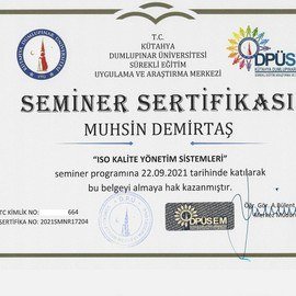 ISO Kalite Yönetim Sistemleri Eğitim Sertifikası